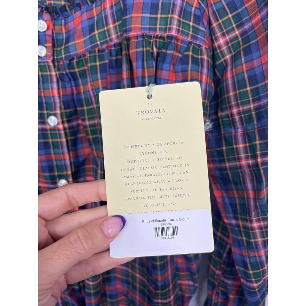 Birds of Paradis Trovata Eunice Square Neckline Ruffle Blouse Trail Plaid M NWT - Picture 7 of 11
